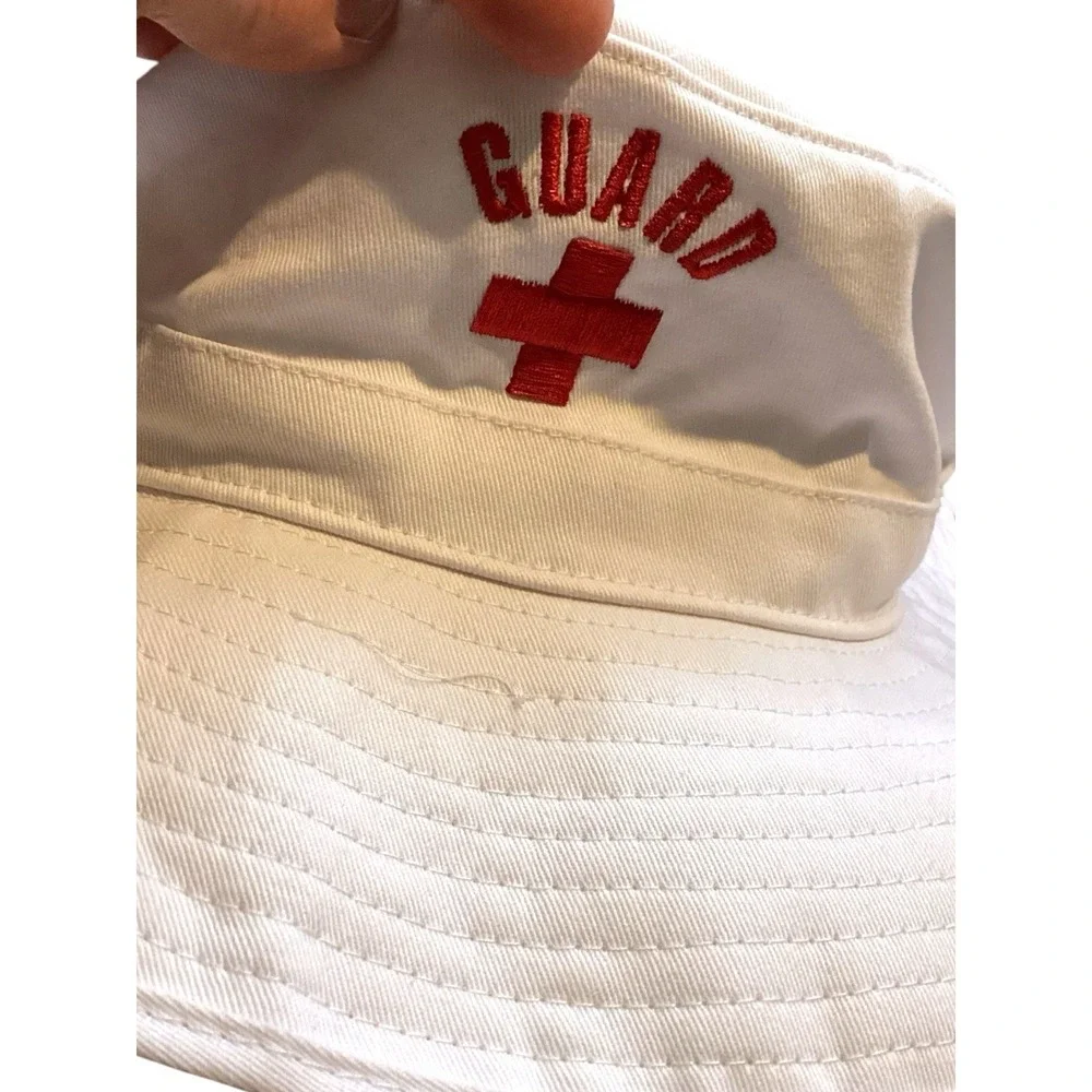 Vintage Blarix LIFEGUARD Wide Brim Beach Sun Hat White Red Cotton + Yogi T Shirt